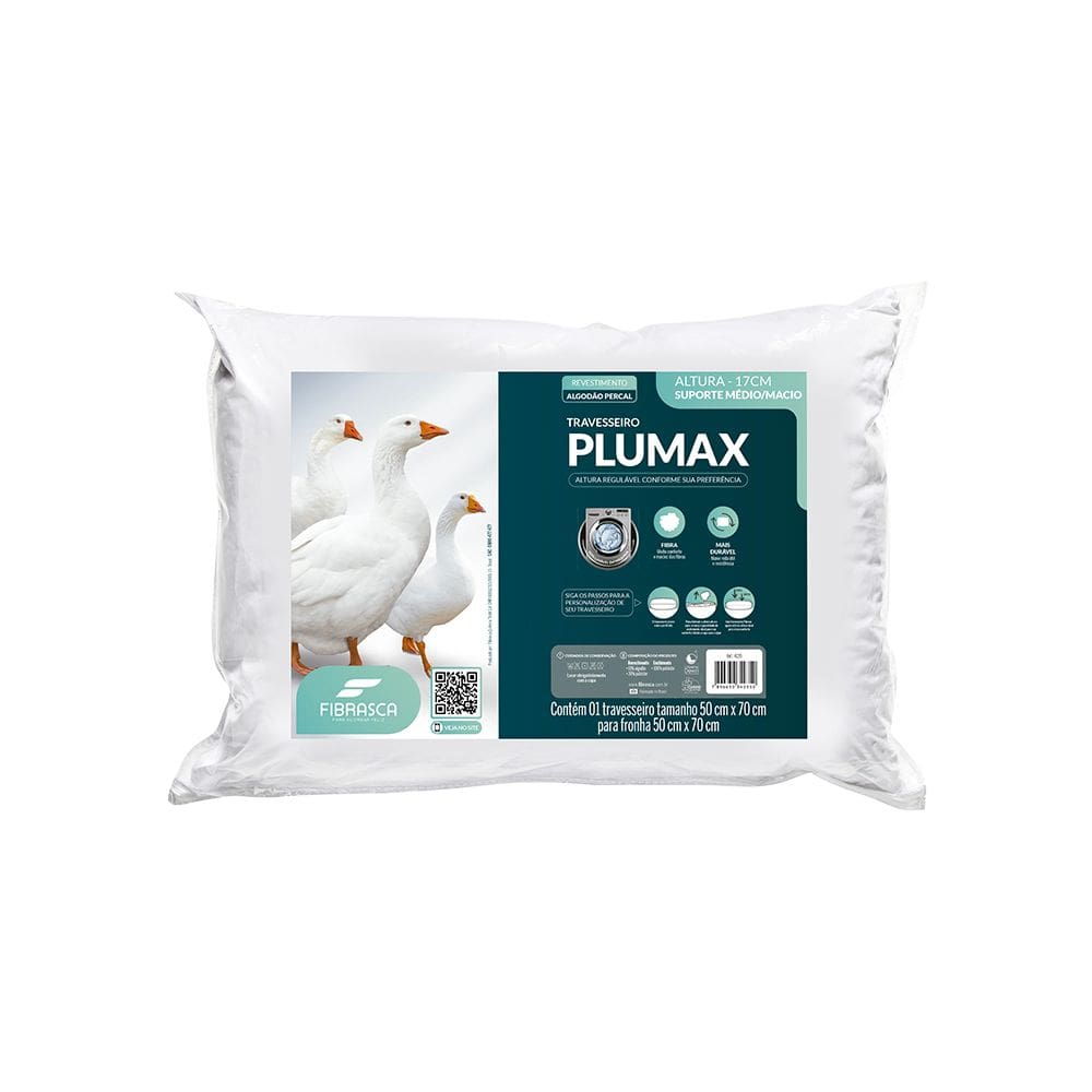 Travesseiro Toque Pluma de Ganso Plumax Regulável Com Zíper 61% Algodão Percal e 39% Poliéster Fibrasca