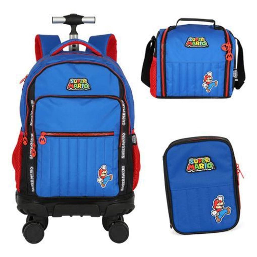 Kit Mochila Rodinhas 360 Lancheira Estojo Super Mario