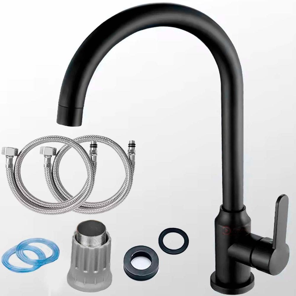 Torneira de Cozinha Luxo Pia com Bico Alto Arejador Gira 360° Monocomando Misturador Agua Quente e Fria Metal Inox Preto