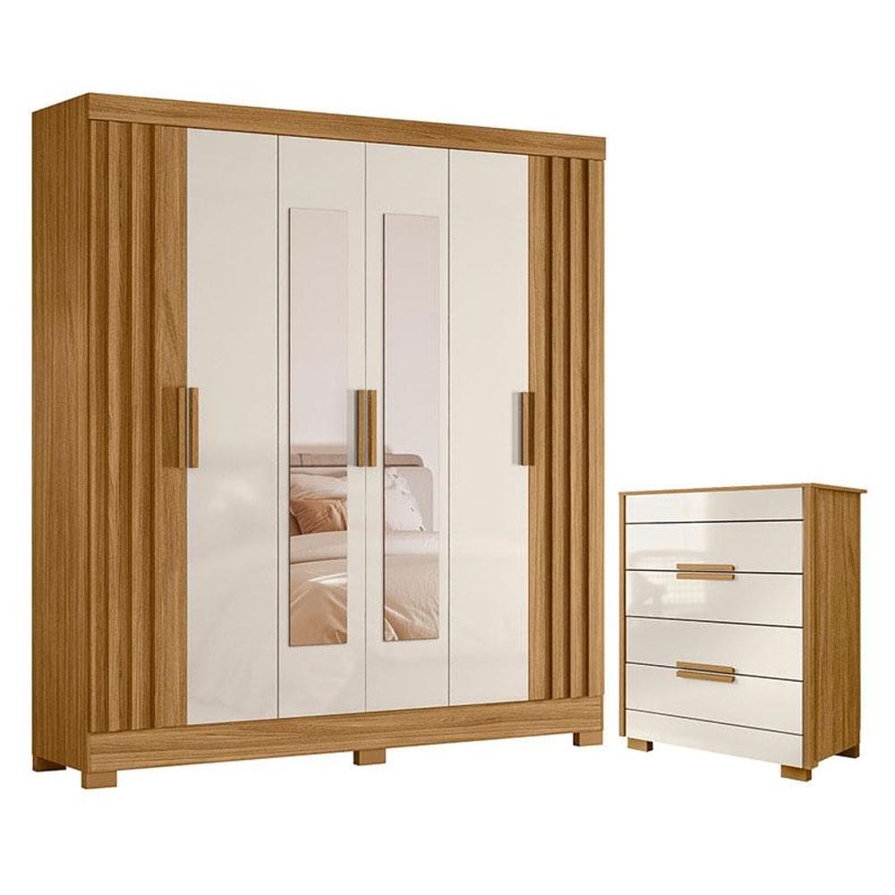 Guarda Roupa Casal Valença com Espelho e Cômoda Dhara Freijó Off White – Moval