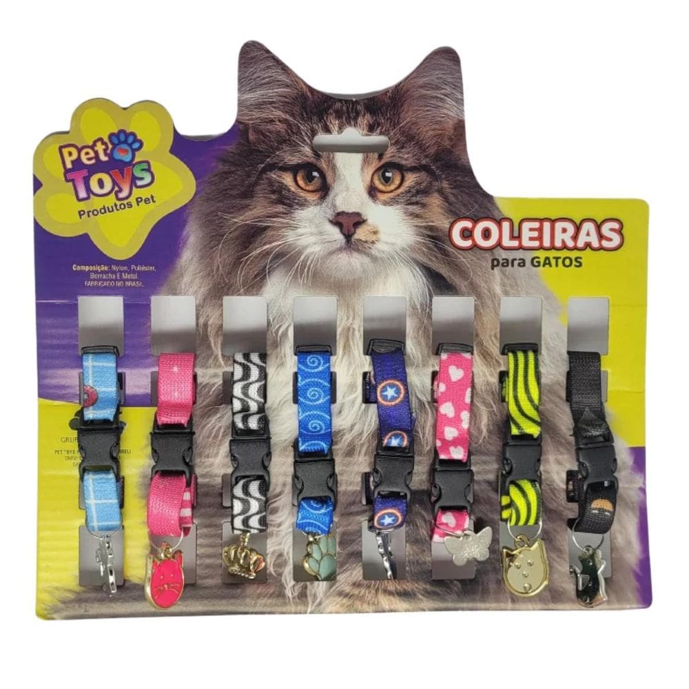 Cartela Com 8 Coleiras Para Gato Estampadas Com Pingente Mix