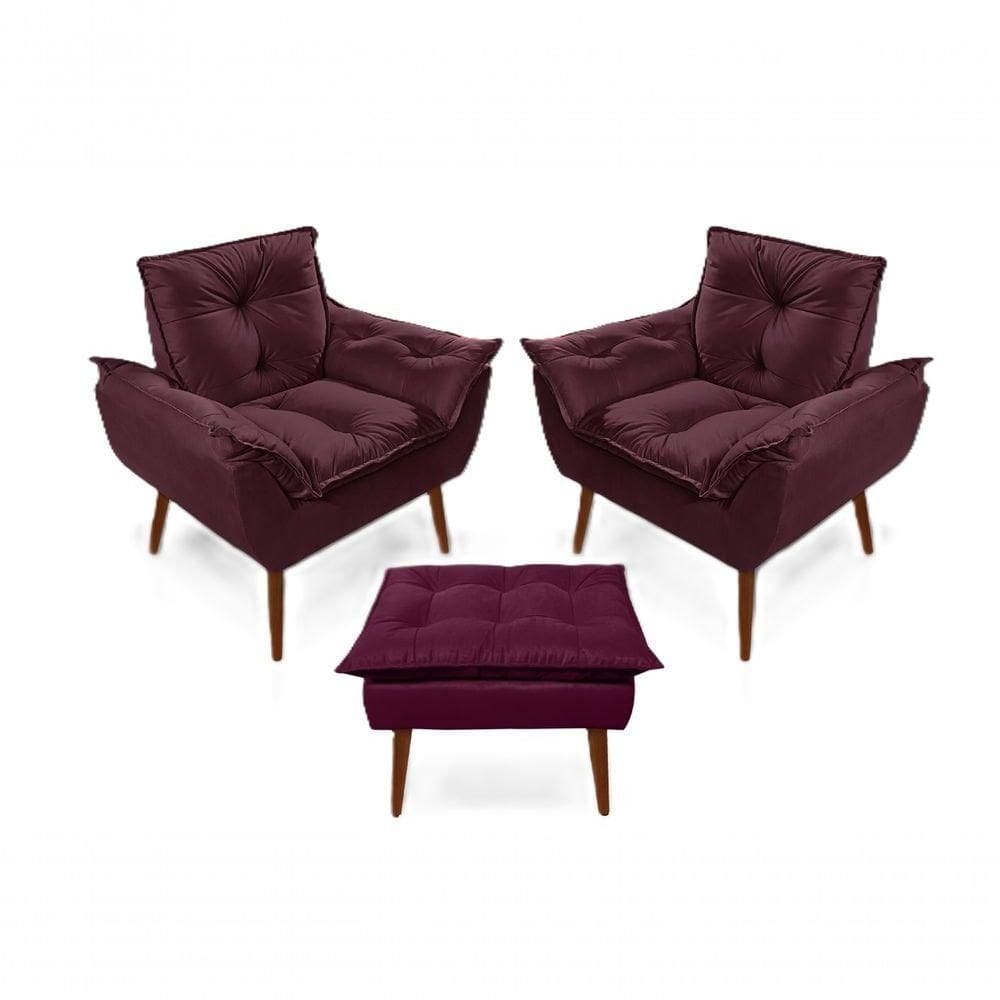2 Poltronas Opala com 1 Puff Decorativas Confortáveis para Sala, Quarto, Recepção - Suede Luxo Bordô