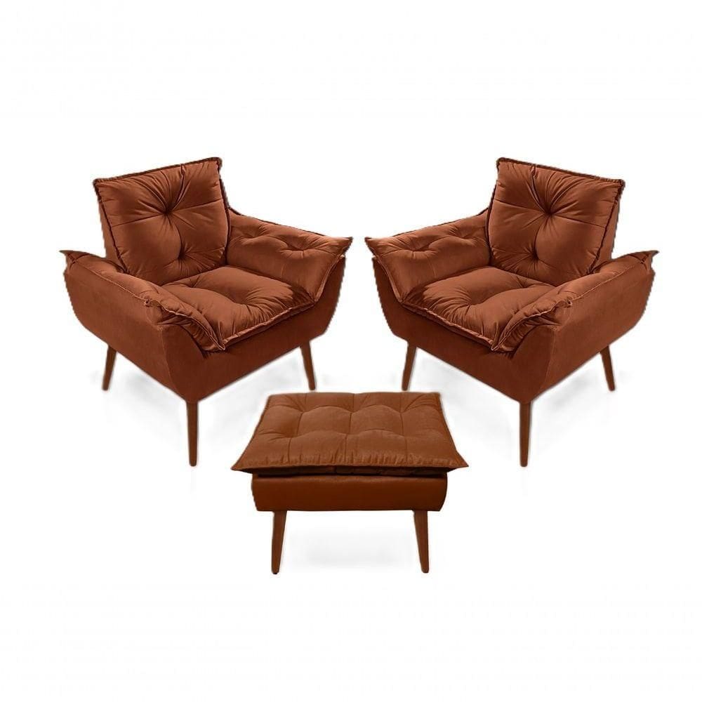 2 Poltronas Opala com 1 Puff Decorativas Confortáveis para Sala, Quarto, Recepção - Suede Luxo Terracota