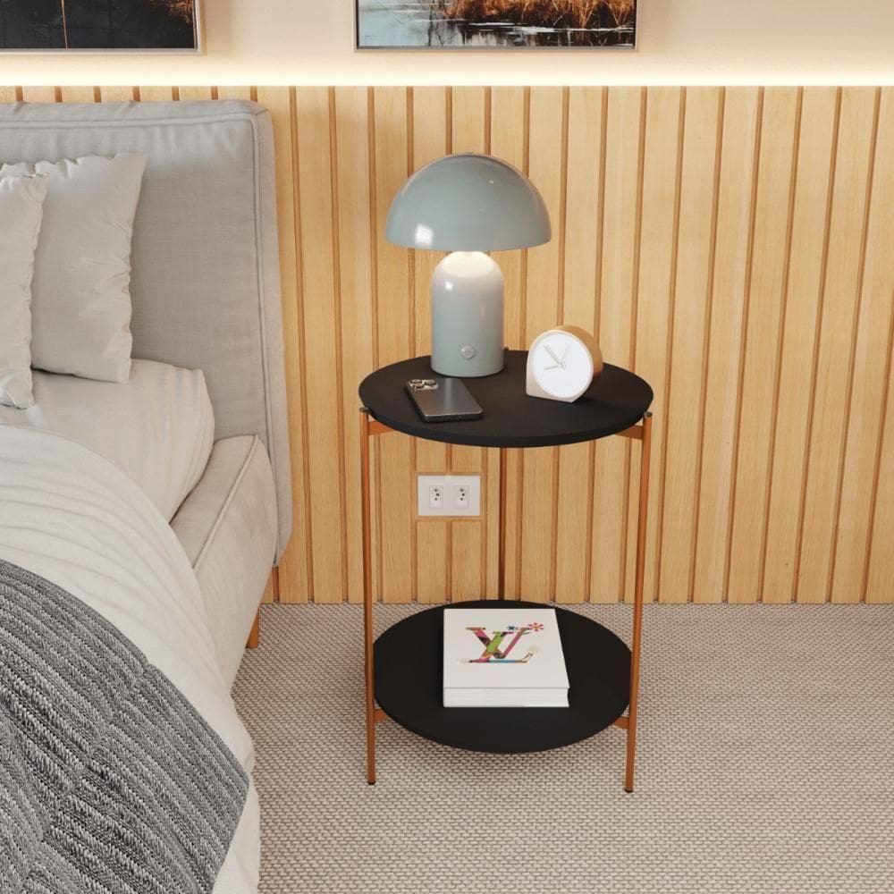 Mesa De Apoio Lateral Nina Preto Com Pés De Ferro Bronze