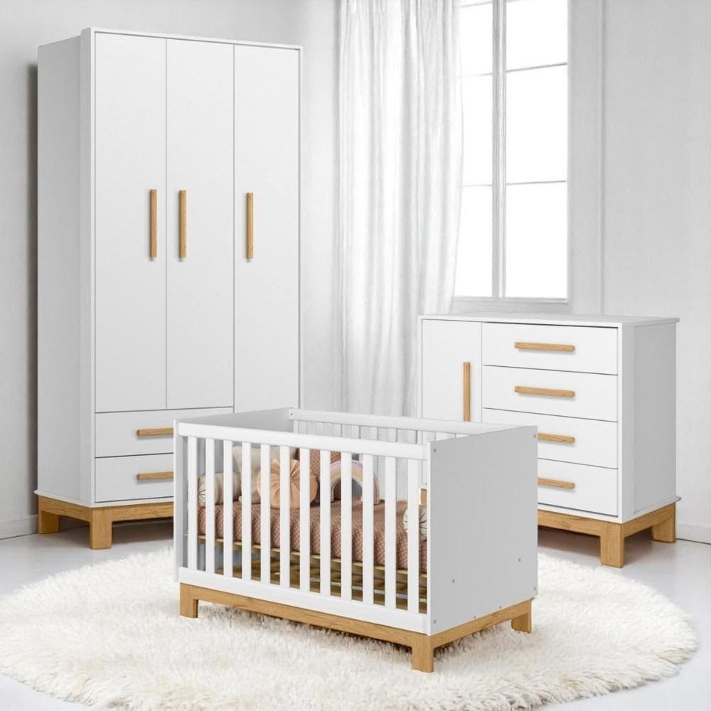 Conjunto Infantil Luar Branco Acetinado: Berço Luar Mini Cama + Cômoda Luar + Guarda-roupa Luar