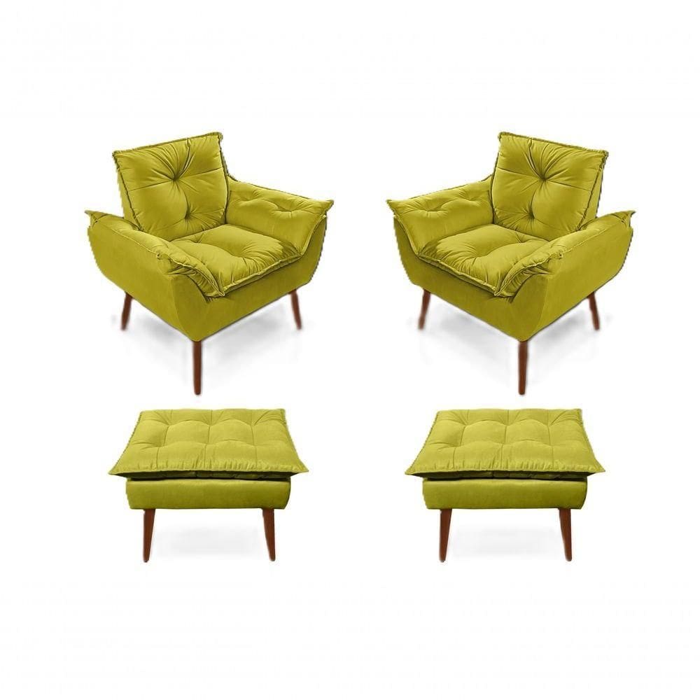2 Poltronas Opala com 2 Puffs Decorativas Confortáveis para Sala, Quarto, Recepção - Suede Luxo Amarelo