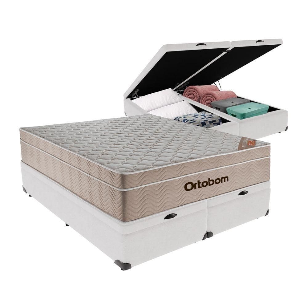 Airtech Colchão Ortobom Queen Com Baú Bege Branco