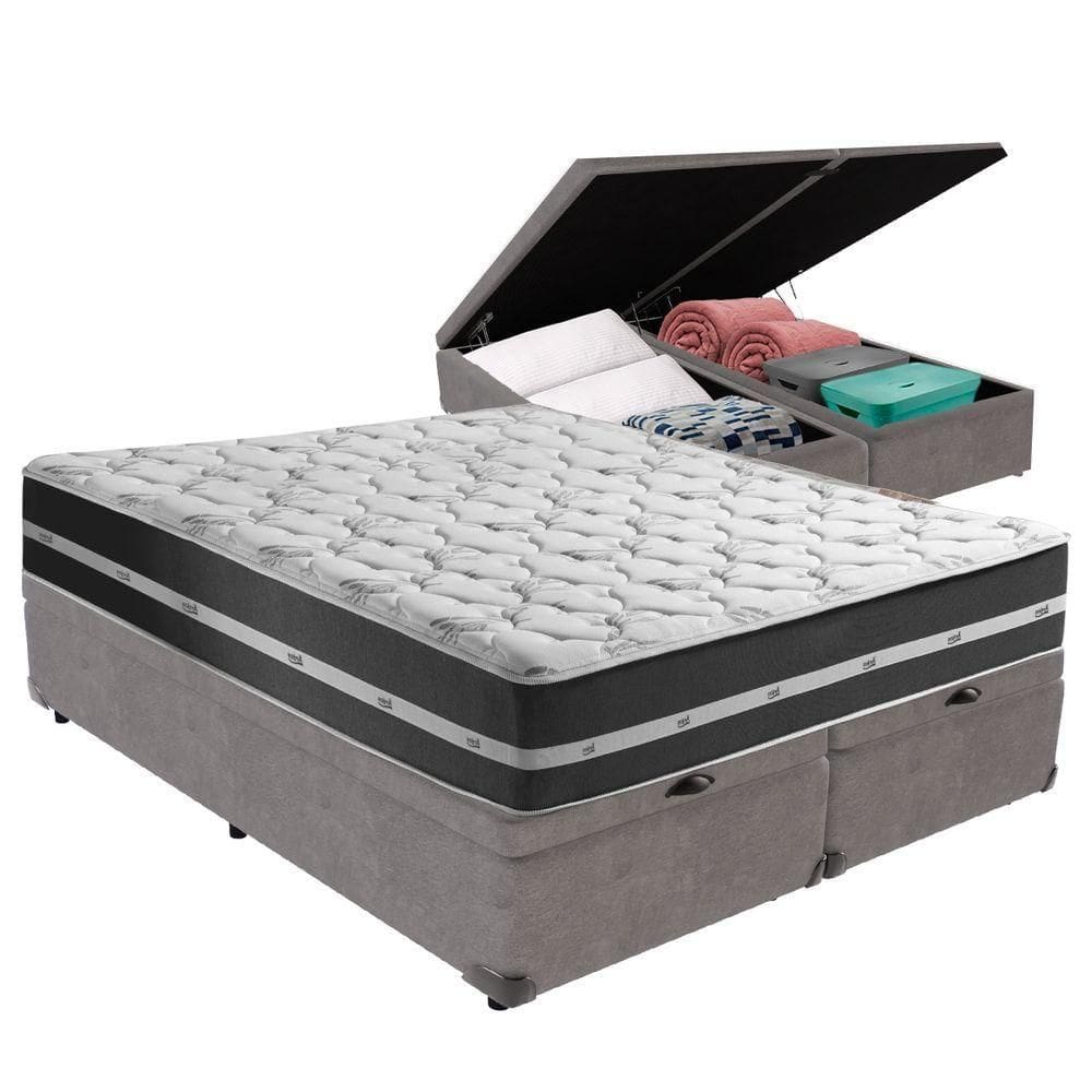 Cama + Box Com Bau Queen Classic Cinza