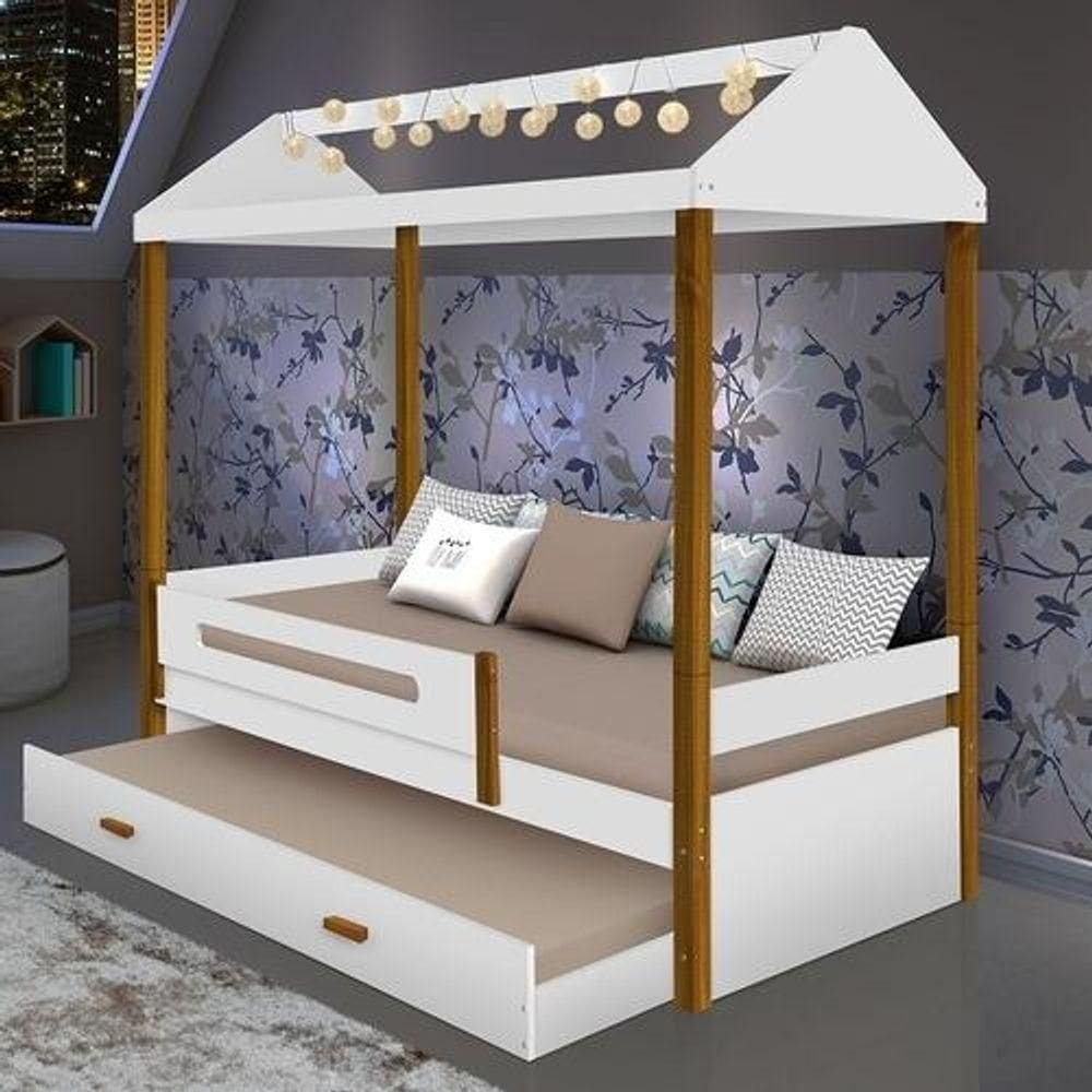 Cama Solteiro Sara Branca Com Cama Auxiliar E Led Com Colchão
