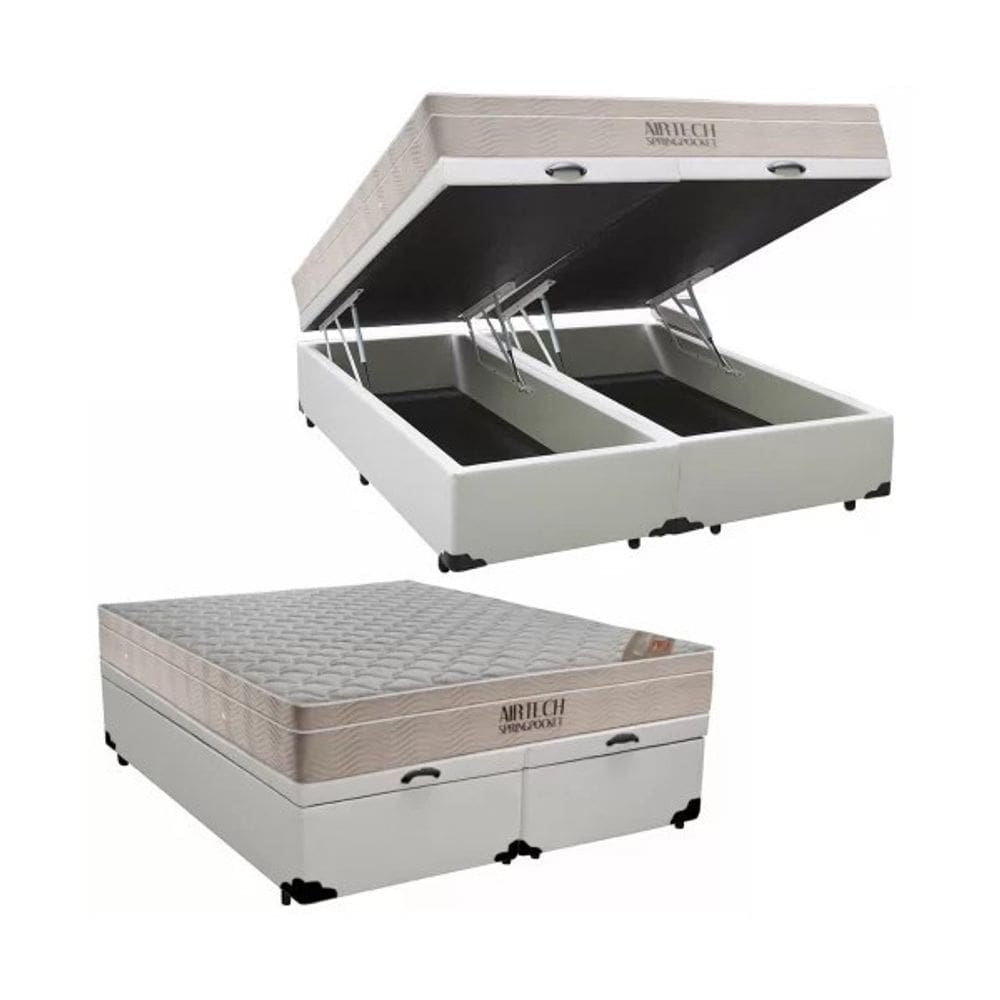 Cama Box Baú Queen Bipartido Branco Colchão Molas Ensacadas Airtech Spring 158x198 - Ortobom