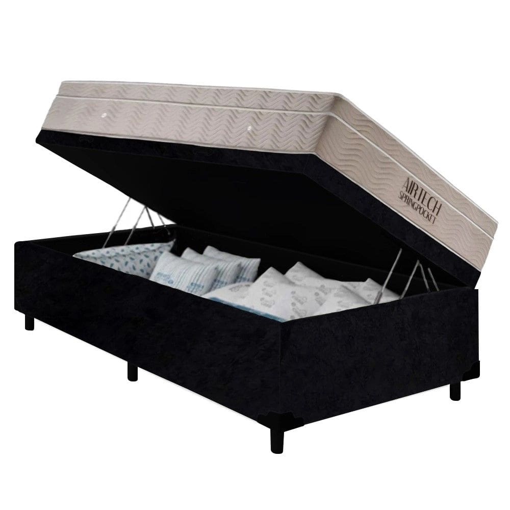 Cama Box Baú Solteiro Preto Colchão Molas Ensacadas Airtech Spring 88x188 - Ortobom