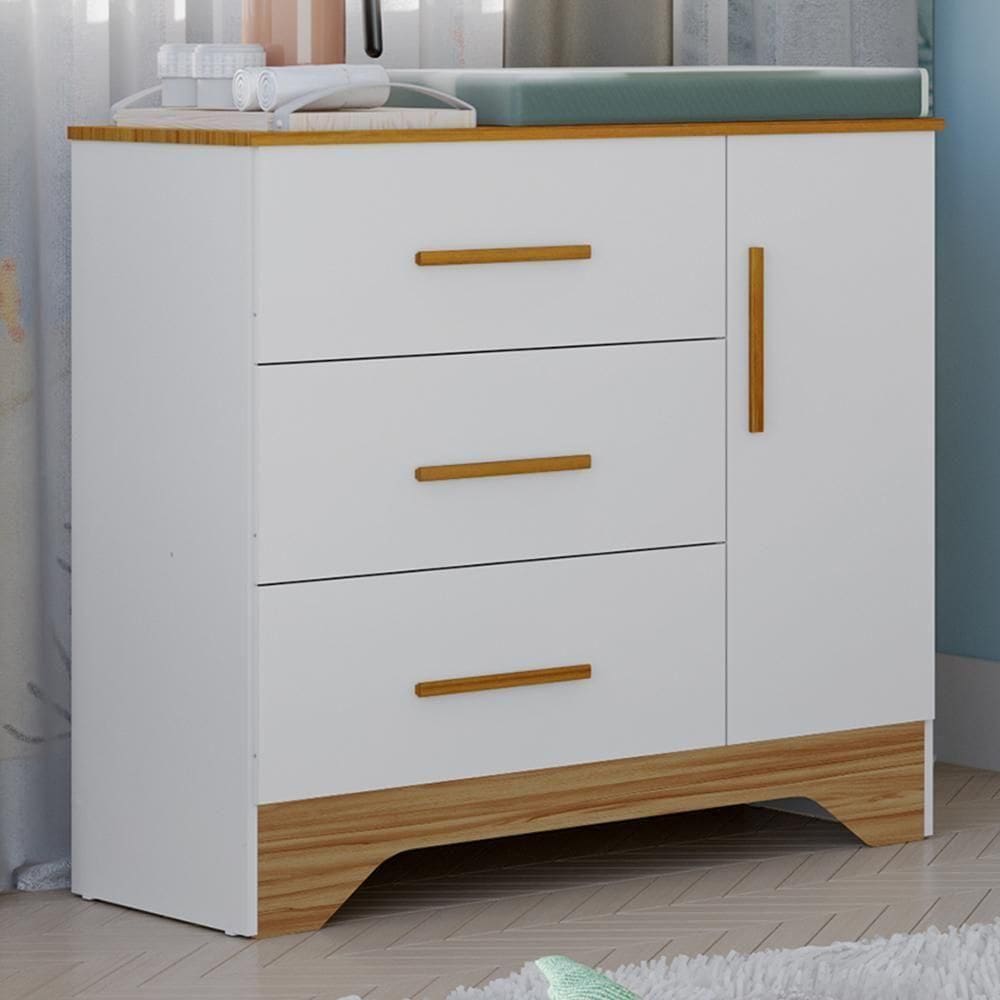 Cômoda Infantil Popy Retrô Plus 1 Porta E 3 Gavetas Branco Brilho/amêndoa - Móveis Peroba