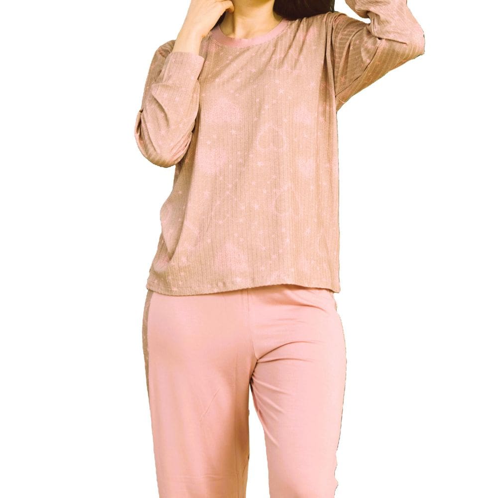 Pijama Feminino Longo Coração Gola Careca Calça com Bolso