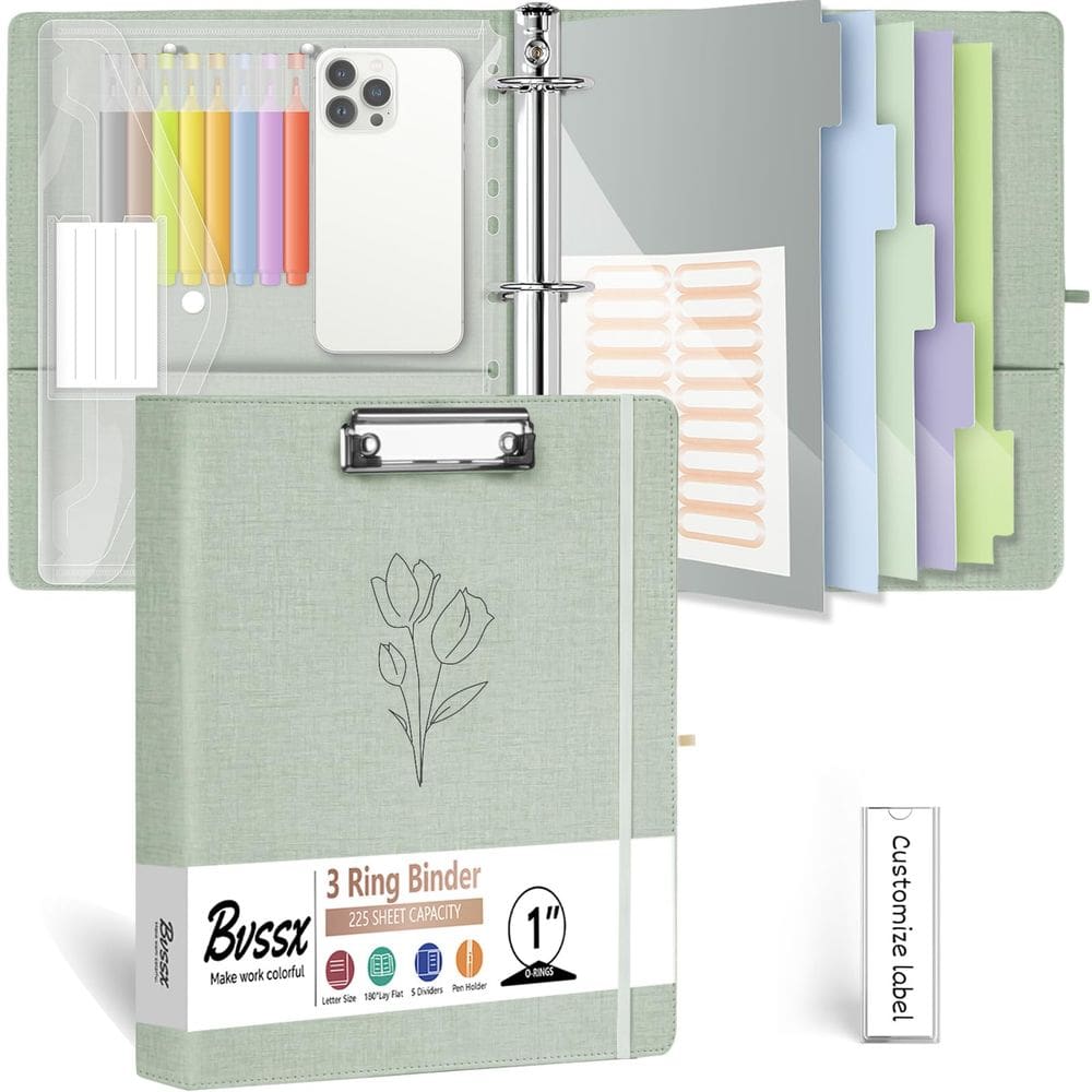 Organizador de fichário BVSSX de 3 anéis de 1 polegada com prancheta e pasta