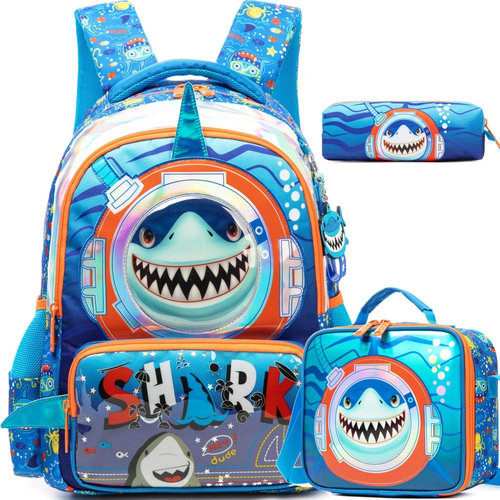 Mochila escolar Meetbelify Shark para meninos com lancheira 6-8Y