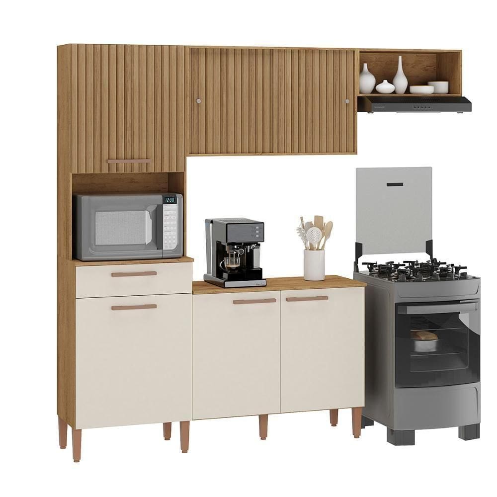 Armario Cozinha Com Balcão Pop Com 6 Portas E 1 Gaveta Canelato+3d Canelato/off White