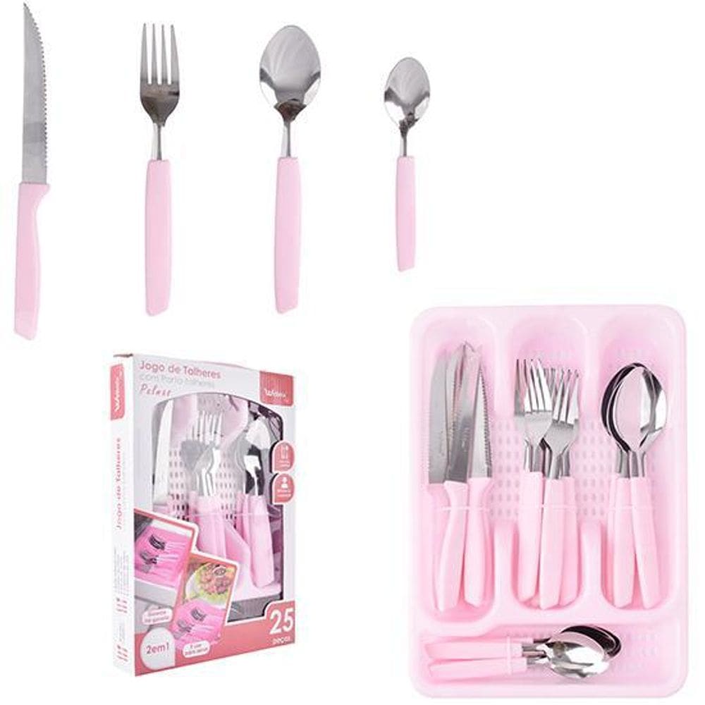 Conjunto De Talheres Com Porta Talher Rosa 25 Peças