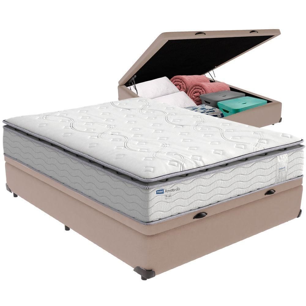 Cama Box Baú E Colchão Amsterdã Molas Ensacadas Casal Probel Casal Bege