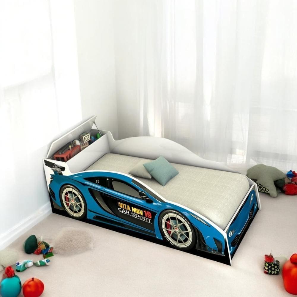 Cama Solteiro Carro Com Baú Azul Com Colchão
