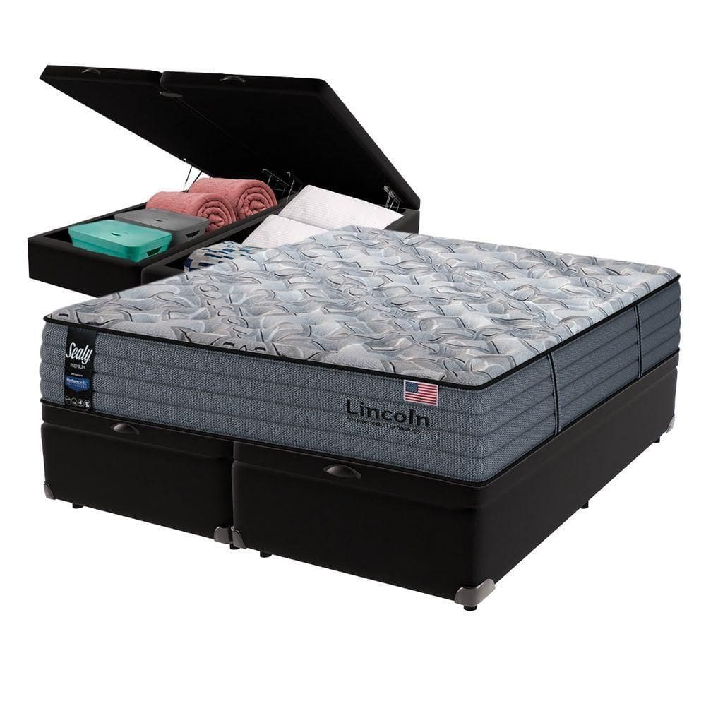 Cama Box Baú Preto E Colchão Queen Lincoln Molas Ensacadas Sealy