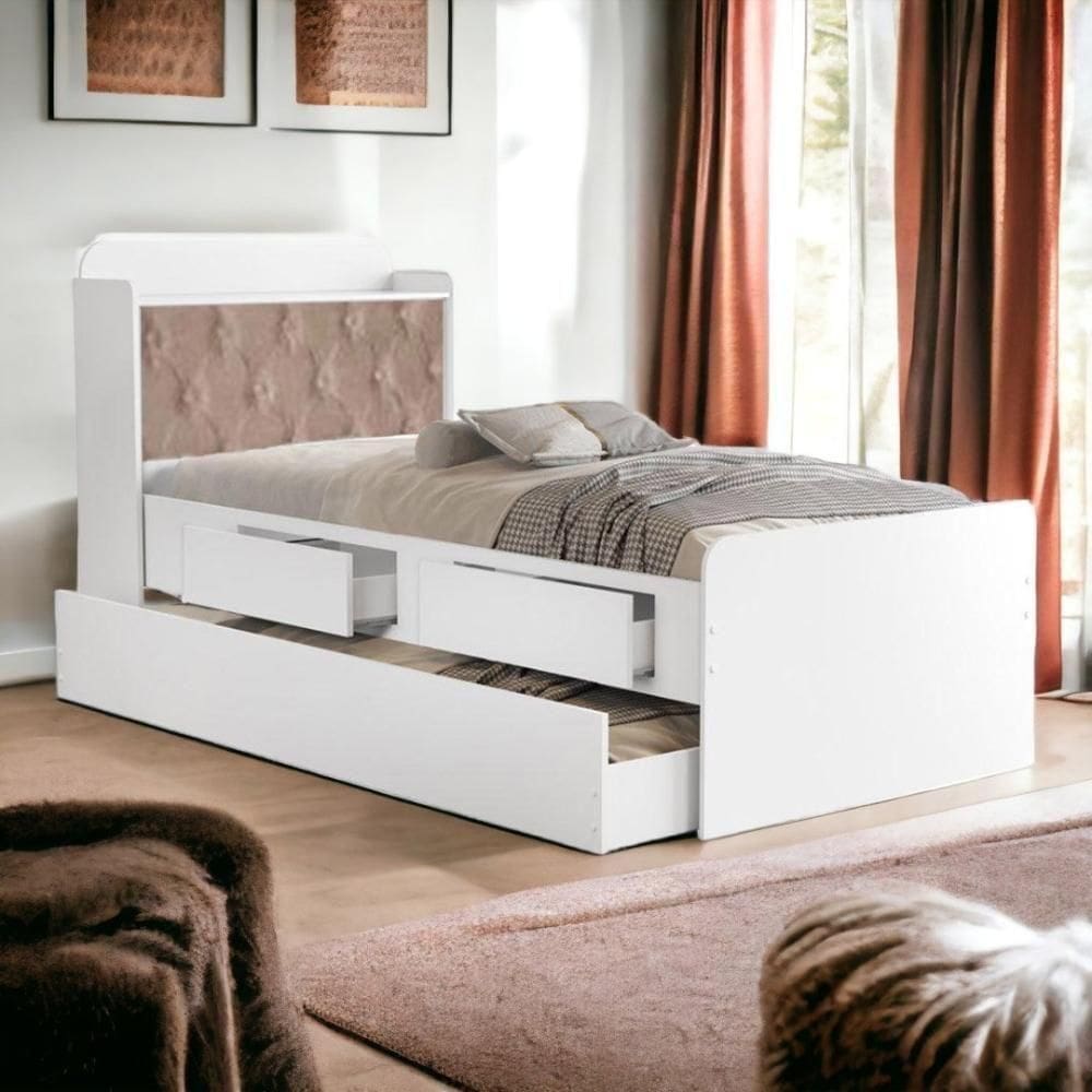 Cama Tamires Branco Com Auxiliar Capitonê E 02 Colchões