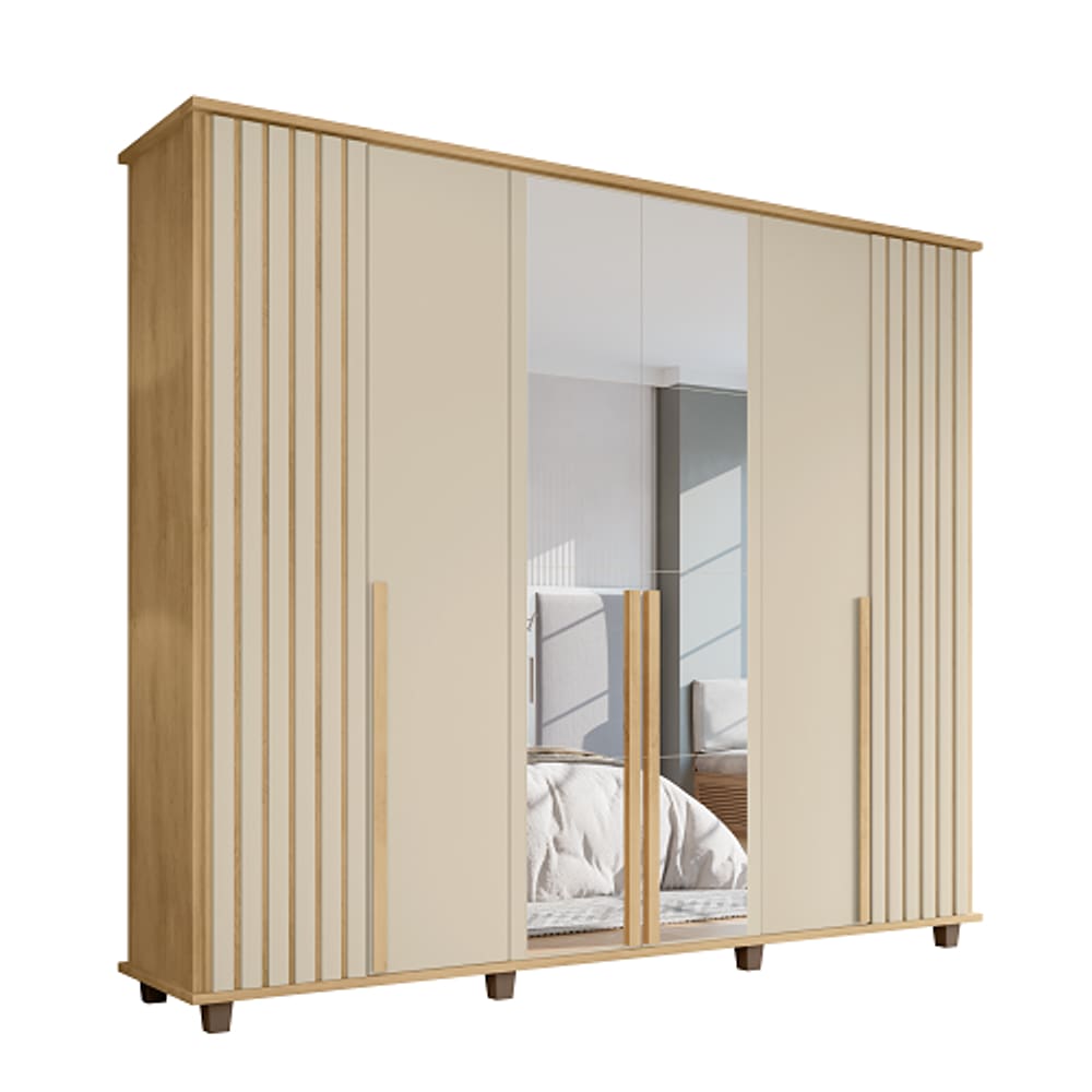 Guarda Roupa Com Espelho Ripado França 6 Portas Cinamomo/Off White – RV Móveis