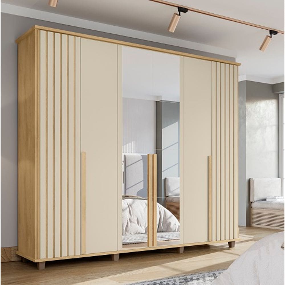 Guarda Roupa Com Espelho Ripado França 6 Portas Cinamomo/Off White – RV Móveis