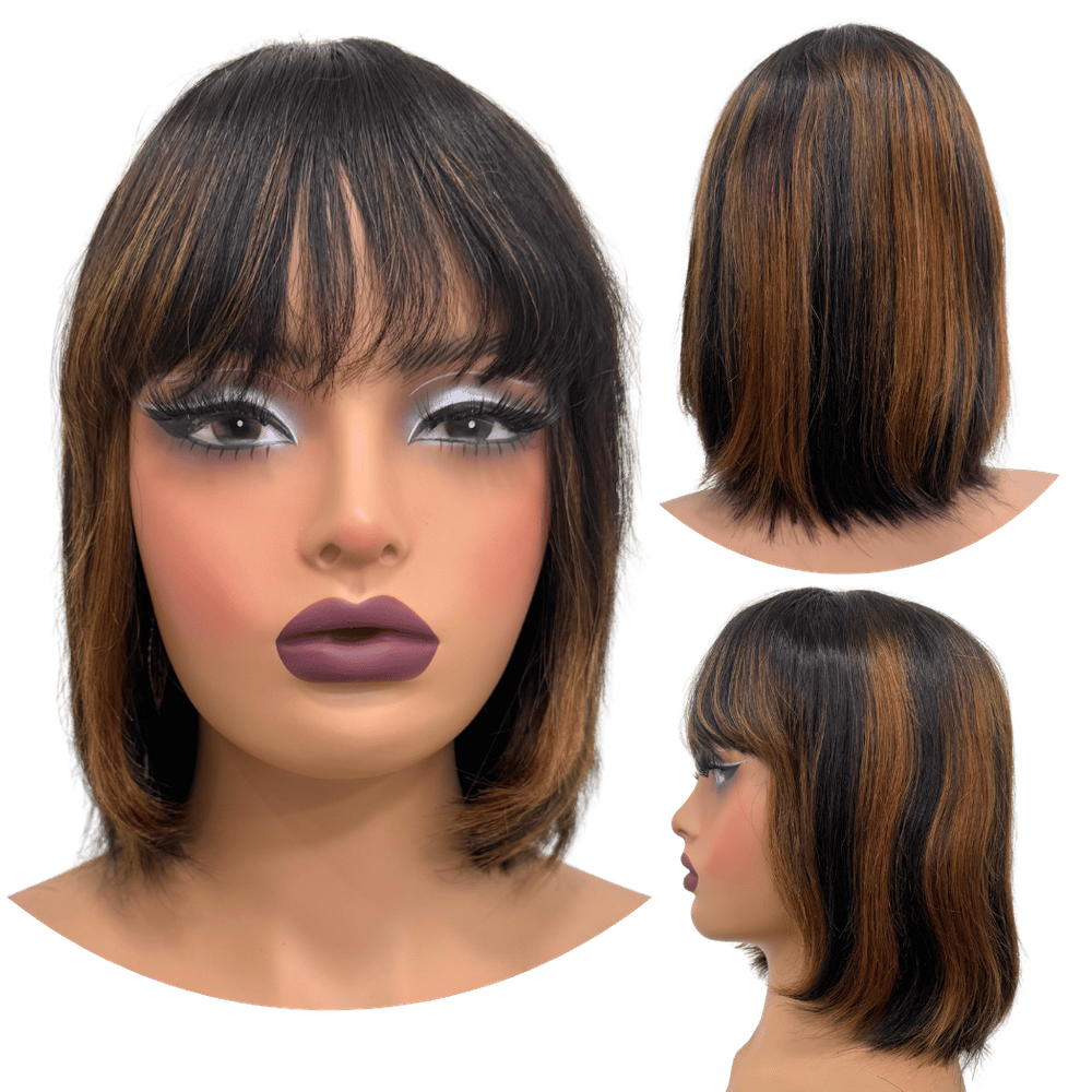 Peruca humana curta bob franja 25cm com lace no topo natural