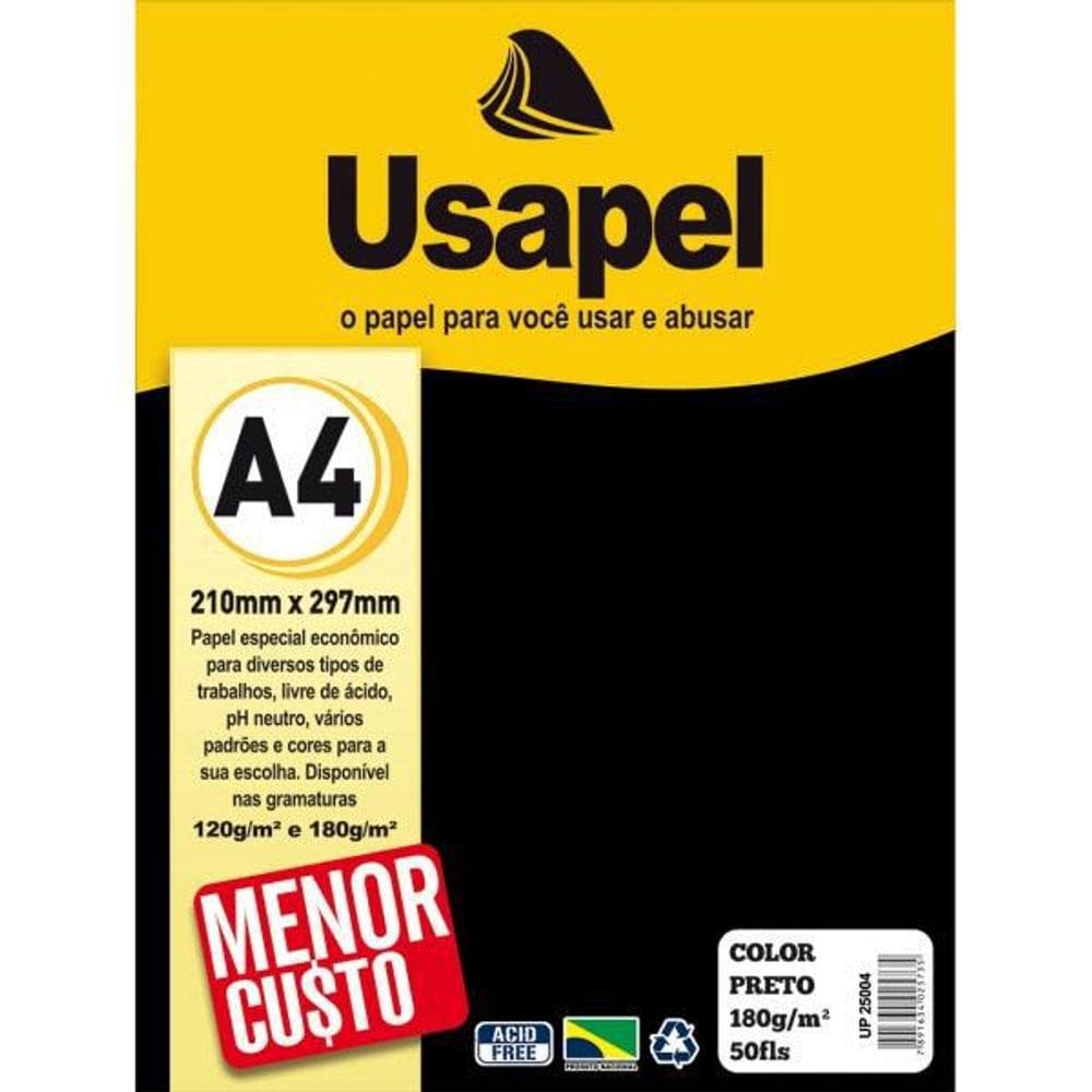 Papel Color A4 180G Preto 50 Folhas Usapel