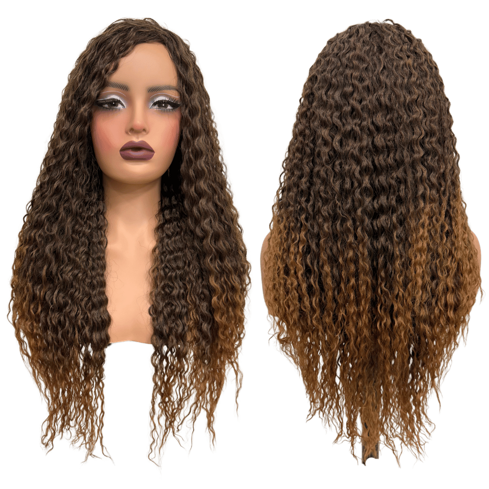 Peruca cacheada ondulada castanho claro 55cm organica T2/30