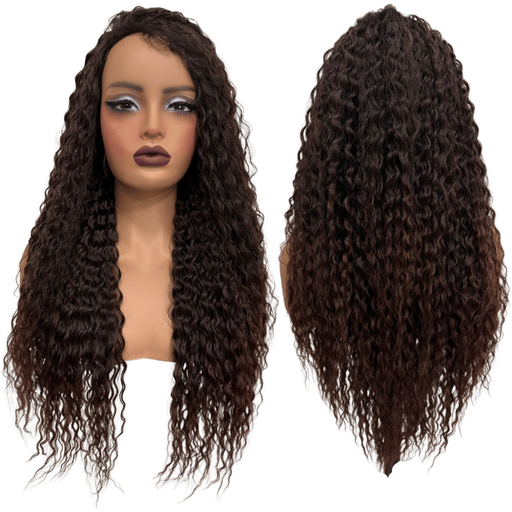 Peruca cacheada ondulada castanho 55cm organica T2/33