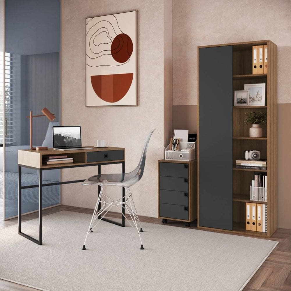 Combo p/ Escritório Mesa Gaveteiro Estante Home Office Sala