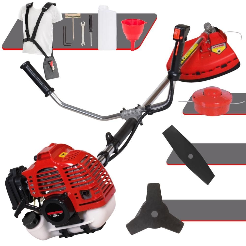 Roçadeira Robusta À Gasolina Kawashima KW43L 43cc 1,7HP de Potência 2 Tempos Alta Rotação Completa Com Carretel Nylon + Faca 2 Pontas + Faca 3 Pontas