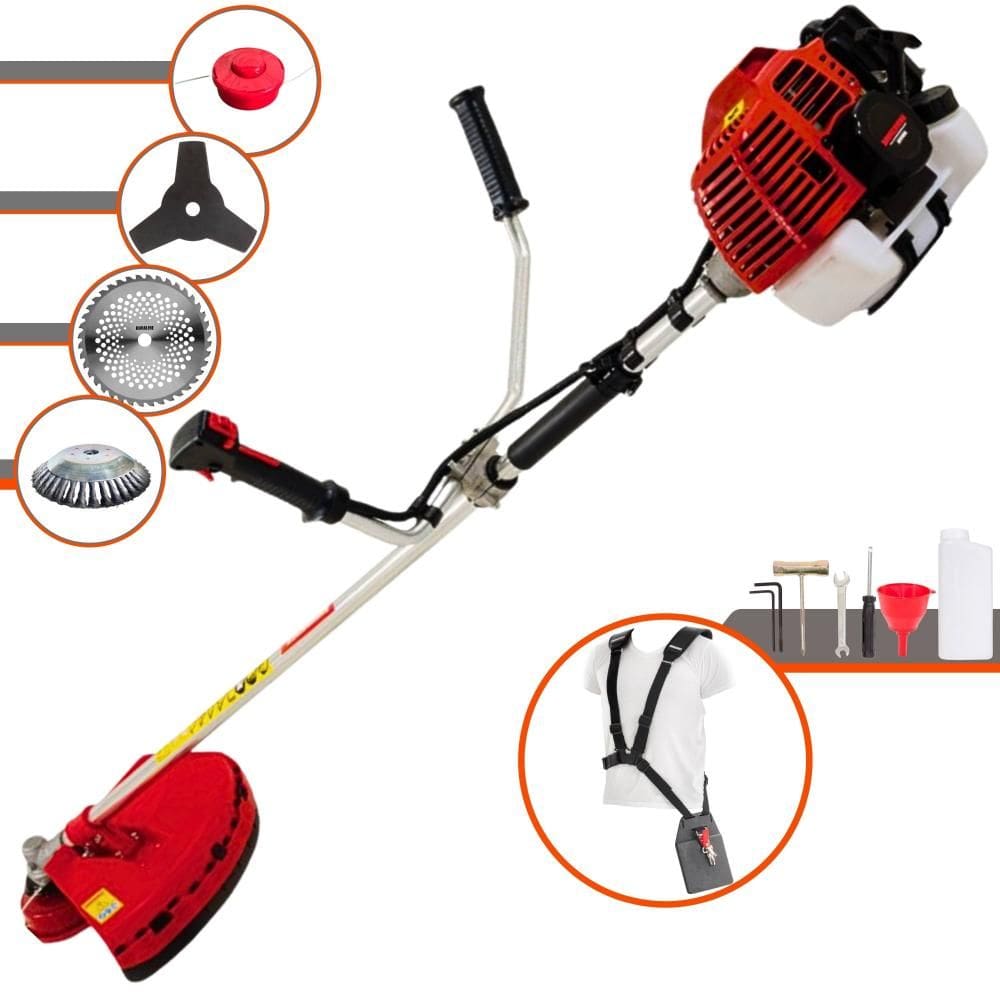 Roçadeira Aparador de Grama À Gasolina Kawashima KW43L 43cc 1,7HP 10.000rpm Com Carretel e Faca 3 Pontas + Faca 40 Dentes + Escova Circular de Aço