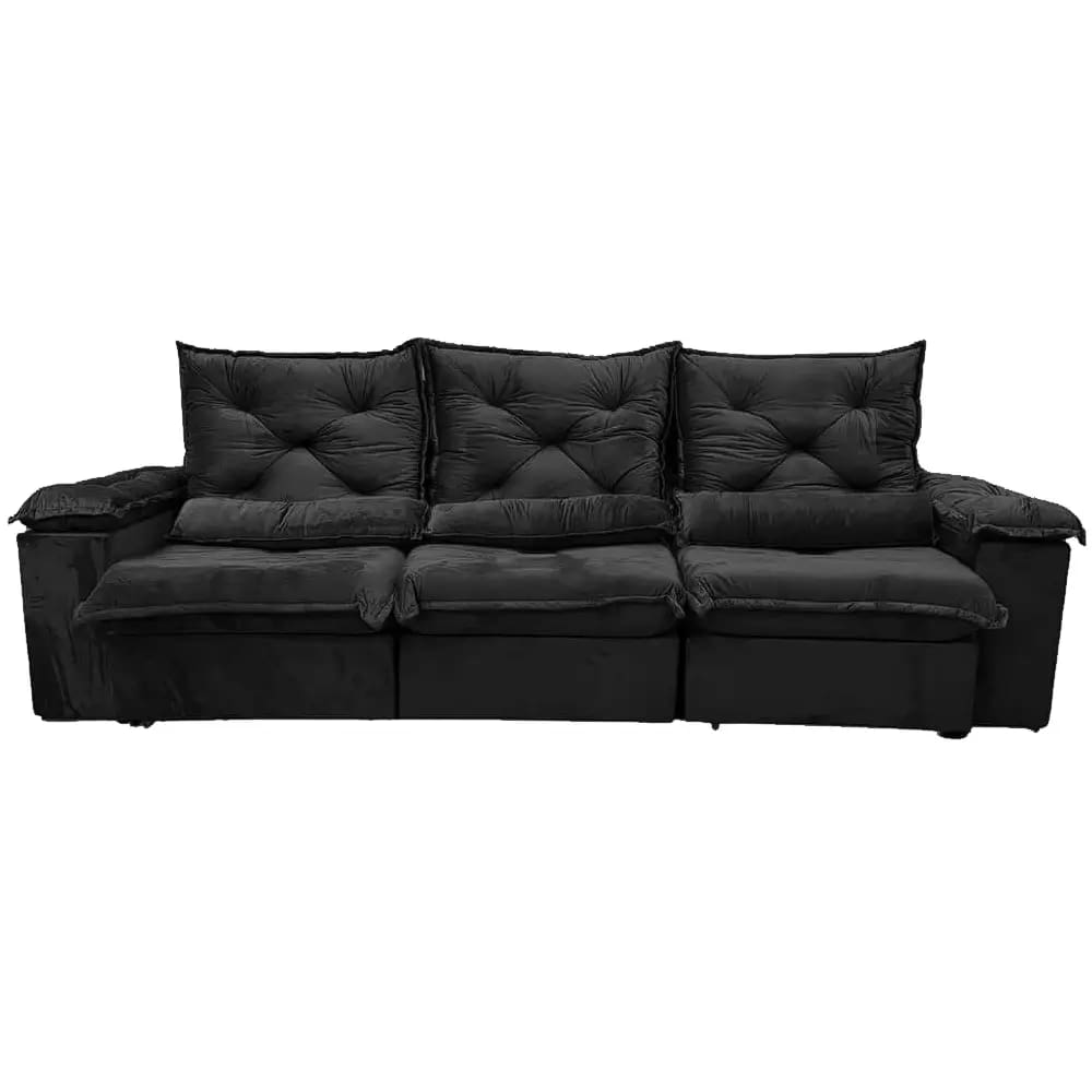 Sofá Porto Madero 5 Lugares Retrátil e Reclinável 270cm 3 Módulos Tecido Veludo Imperial Decor Cor Preto