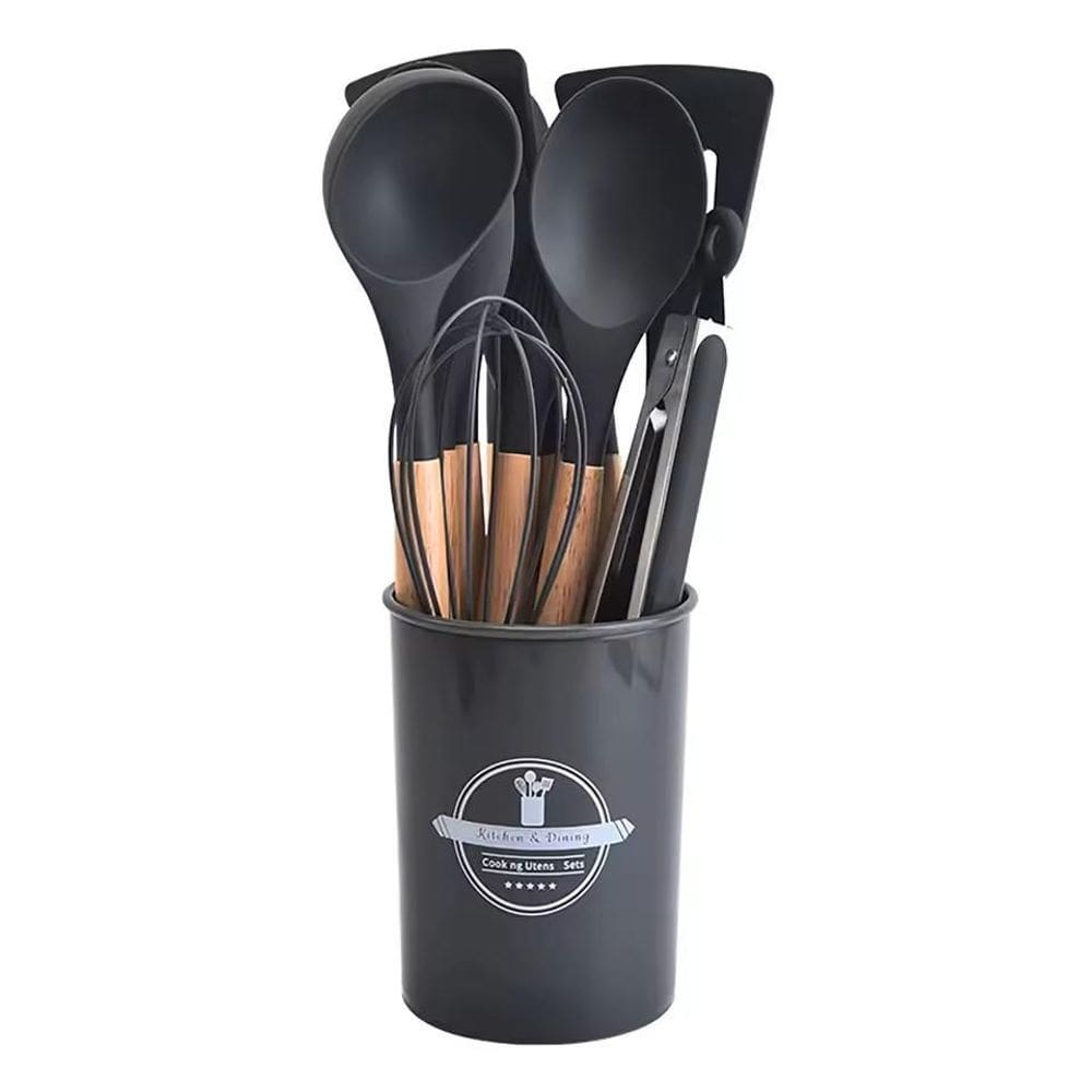 Kit De Utensílios Cozinha Silicone E Bambu 12 Peças - Cinza