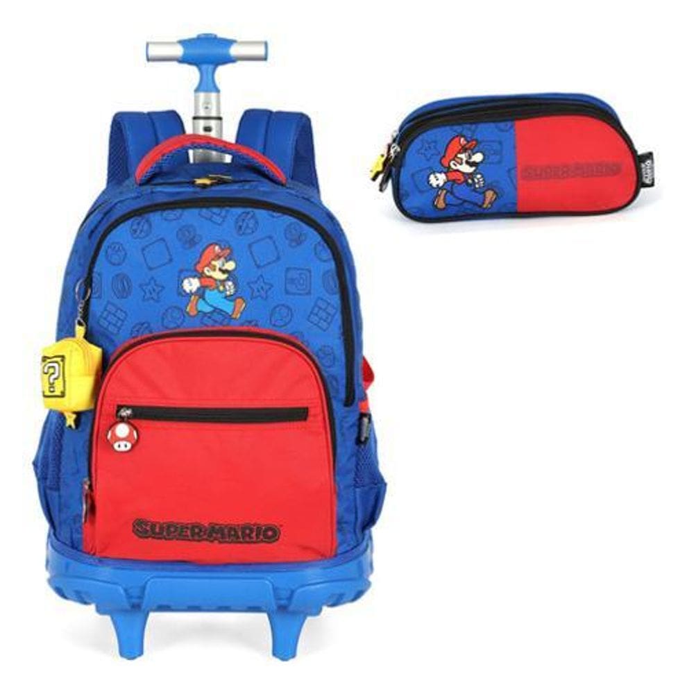 Kit Mochila Rodinhas E Estojo Super Mario Com Porta Moeda