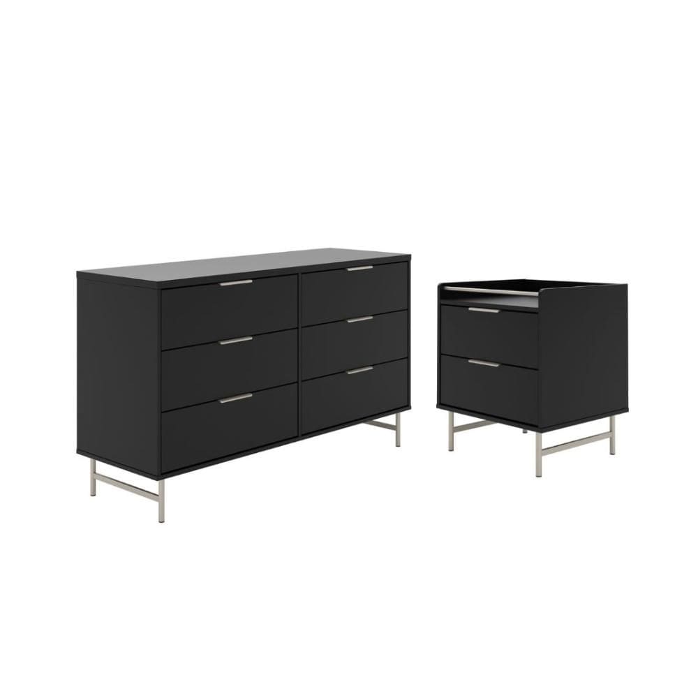 Cômoda 6 Gavetas e Mesa de Cabeceira Yves Preto Champanhe