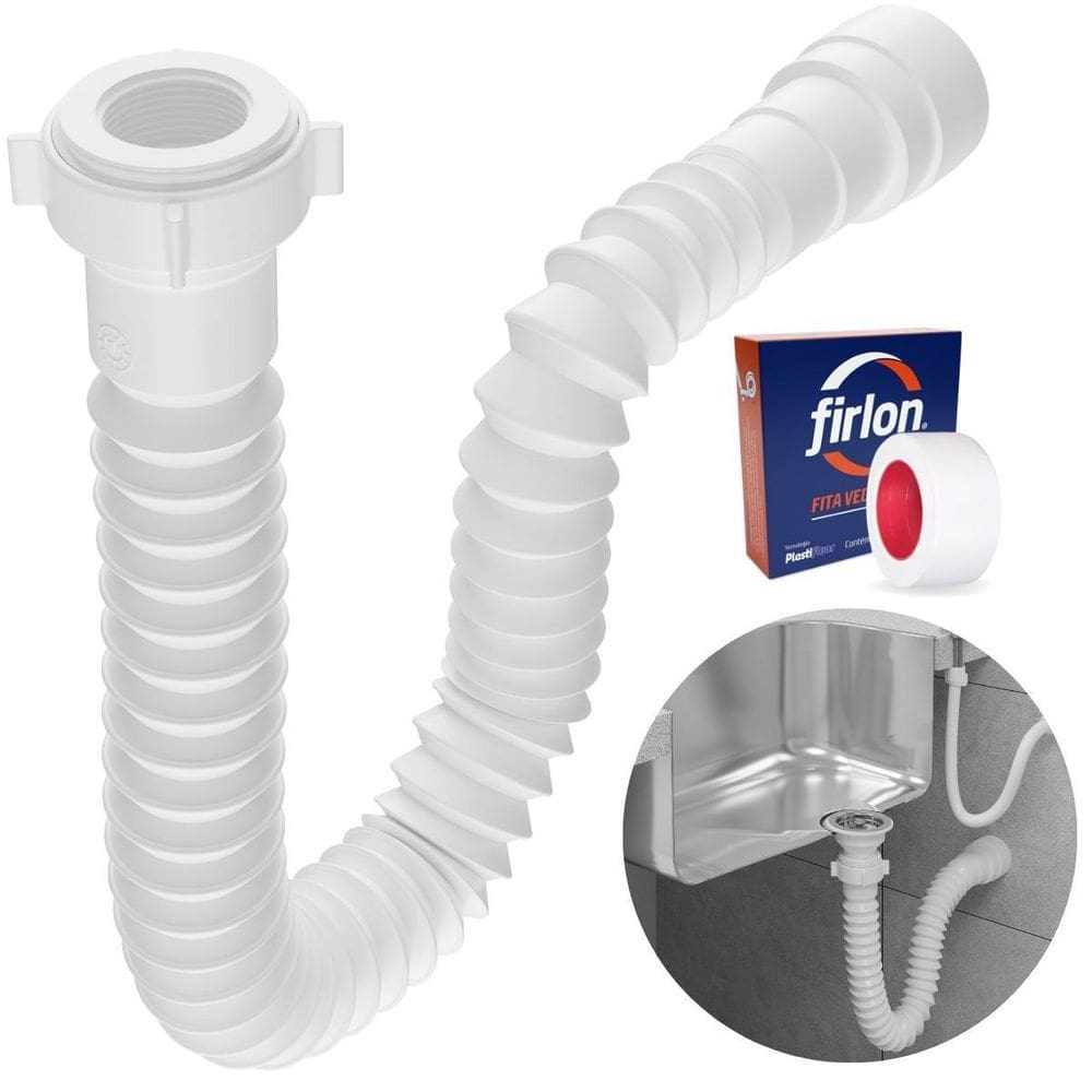 Sifão Sanfonado Universal 61Cm Branco + Fita Veda Rosca
