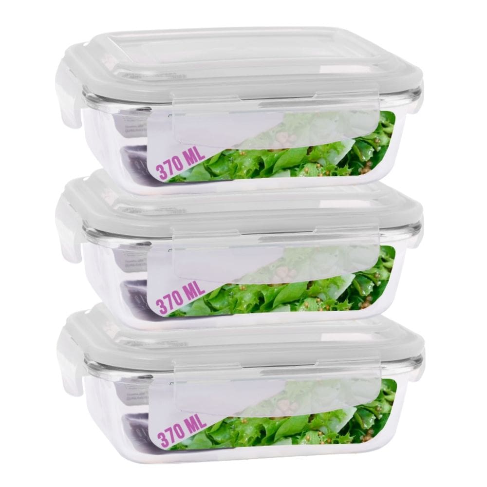 Kit 3 Potes de Vidro Hermetico 370ml 4 Travas Mantimentos Marmita