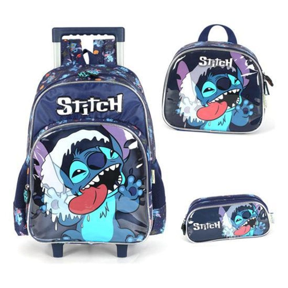Kit Mochila Carrinho Lancheira Estojo  Stitch Disney