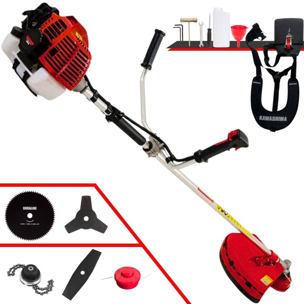 Roçadeira Multifuncional À Gasolina Kawashima KW43L 43cc 2T 1,7HP Completa Com Carretel + Faca 2 Pontas + Faca 3 Pontas + Faca 80 Dentes + Trimmer