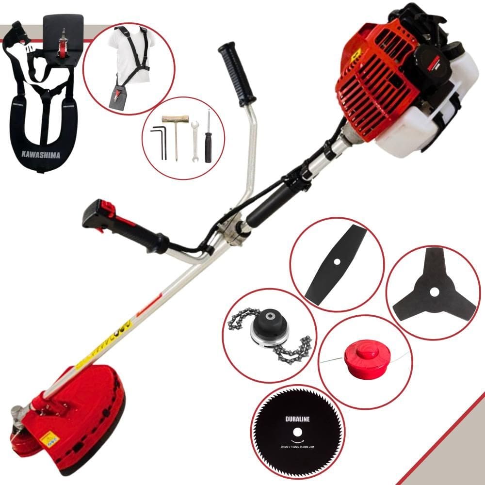 Roçadeira Profissional Completa Kawashima KW43L À Gasolina 43cc 10.000rpm 1,7HP de Potência Com Kit 3 Lâminas de Corte, Trimmer e Carretel de Nylon