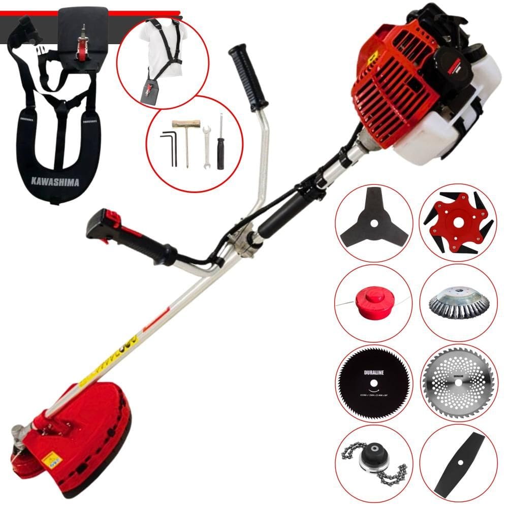 Máquina de Cortar Grama Profissional À Gasolina Kawashima KW43L 43cc 10.000rpm 1,7HP de Potência 10.000rpm Roçadeira Completa Com 8 Opções de Cortes