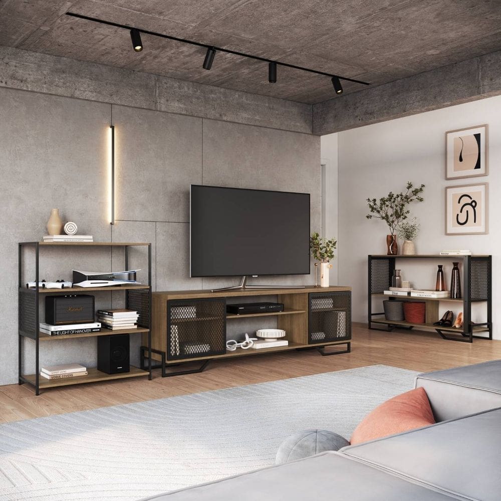 Conjunto P/ Sala Estilo Industrial: 1 Rack, 1 Estante, 1 Aparador