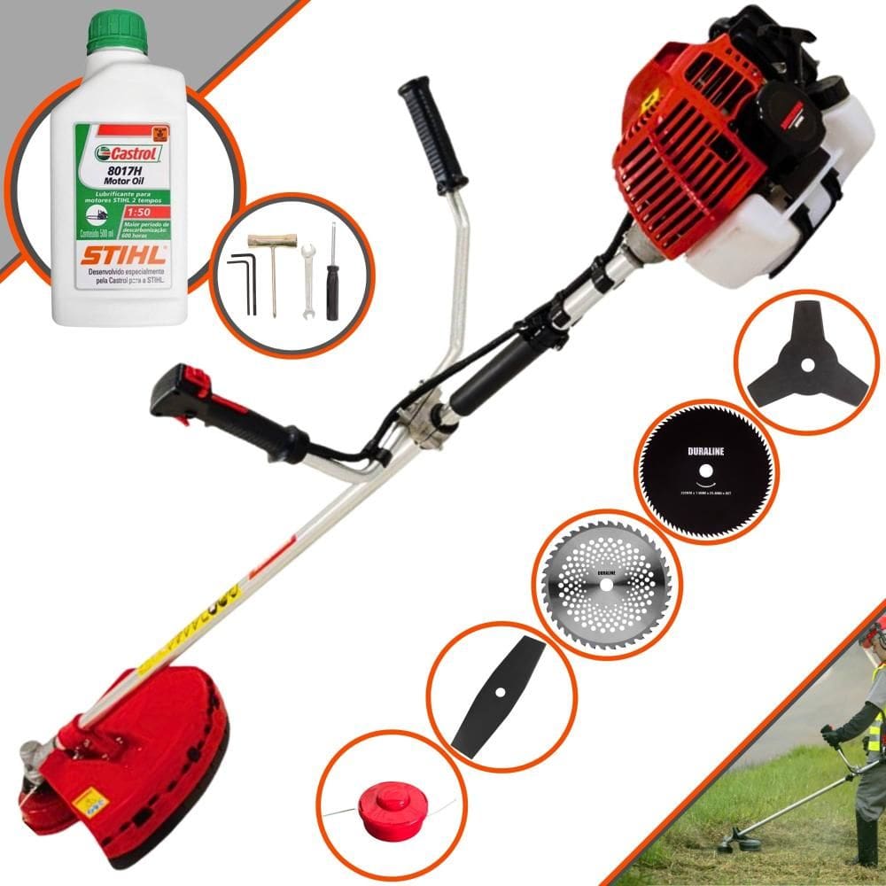 Roçadeira Cortador de Grama Lateral À Gasolina Kawashima KW43L 43cc 1,7HP Completa 5 em 1 Com Carretel + 4 Lâminas de Corte + ÓLEO STIHL 2 Tempos