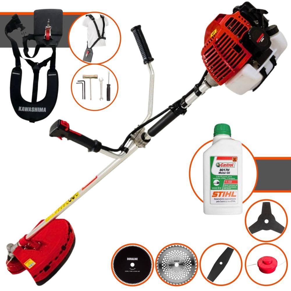 Máquina de Cortar Grama Kawashima KW43-L À Gasolina 43cc 1,7HP 10.000rpm Roçadeira Lateral Multifuncional Com 5 Opções de Cortes + ÓLEO STIHL 2T