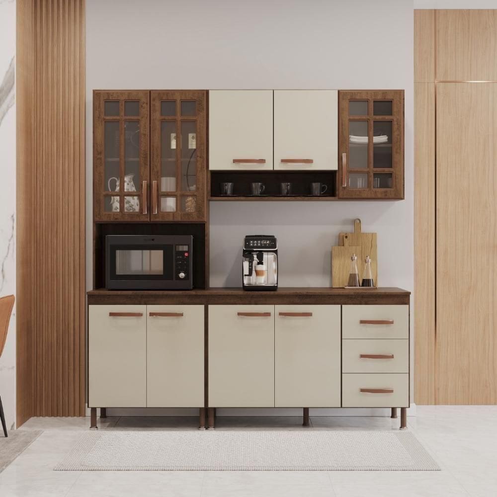 Cozinha Modulada Compacta Fidelitá Lisboa 3 Peças 190cm 9 Portas 3 Gavetas Com Tampo Noce/off-white