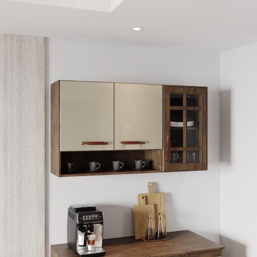 Armário Aéreo Modulado Vazado Com Vidro Fidelitá Lisboa 120cm 3 Portas Noce/off-white