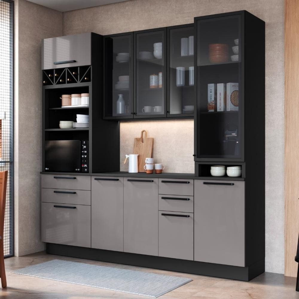 Cozinha Modulada Compacta Fidelitá Mônaco 4 Peças Com Rodapé 240cm 10 Portas 4 Gavetas Com Tampo Chumbo/titânio